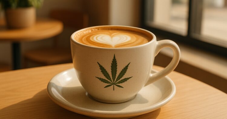 Kopp cannabiscoffee på ett modernt kafé