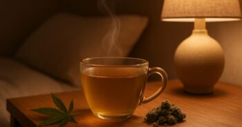 En kopp cannabis-te i mykt kveldslys på nattbordet