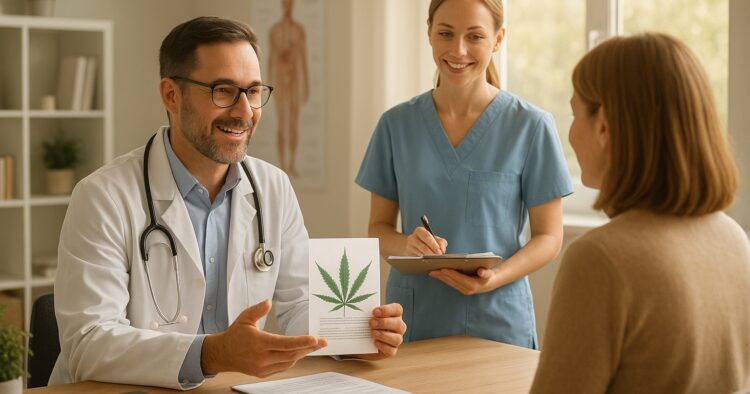 Läkare och sjuksköterska diskuterar medicinsk cannabis med patient