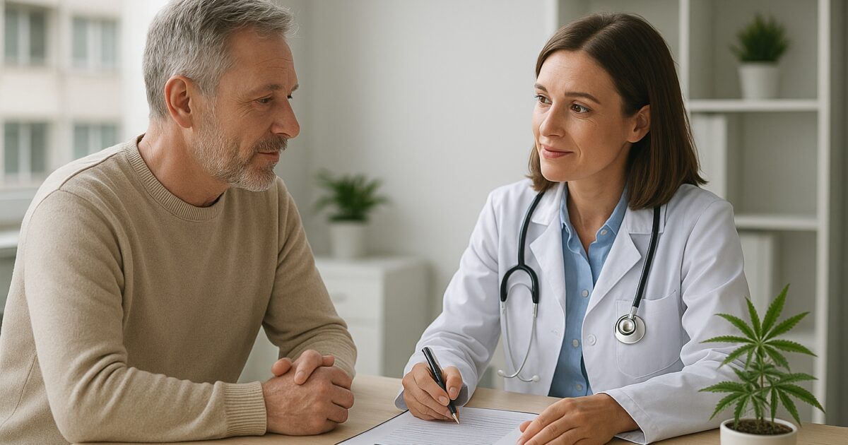 Tysk pasient diskuterer medisinsk cannabis med legen i en moderne klinikk