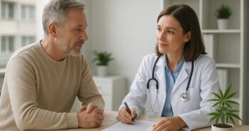 Tysk pasient diskuterer medisinsk cannabis med legen i en moderne klinikk