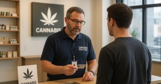 Inspektör kontrollerar ID i en cannabisbutik i Washington