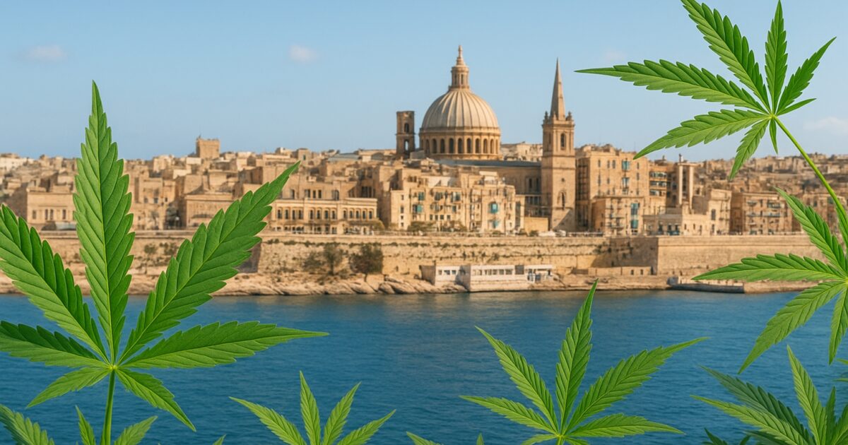 Malta med diskret cannabisblad i förgrunden