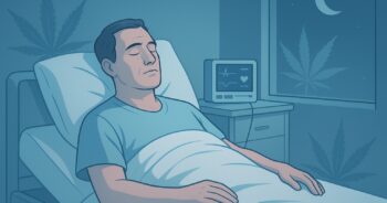 Patient i seng med rolig natlig medicinsk illustration om cannabis og RLS