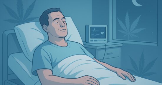Patient i säng med lugn nattlig medicinsk illustration om cannabis och RLS