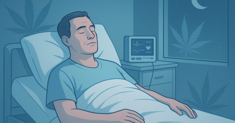 Patient i seng med rolig natlig medicinsk illustration om cannabis og RLS