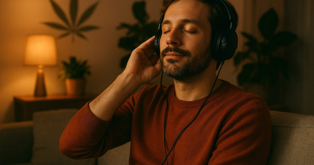 Person, der lytter til musik i et afslappet hjem med subtile cannabispræg.