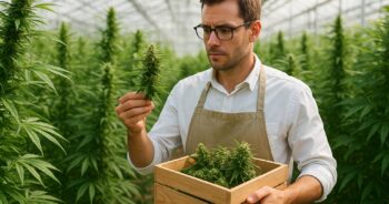 Forskere indsamler prøver af cannabis og hamp lagt i drivhuse