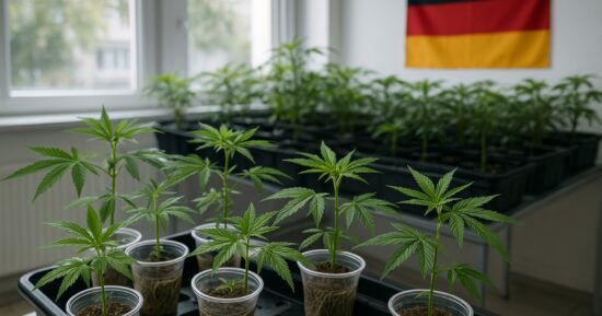 Rotade cannabissticklingar i odlingskärl inomhus