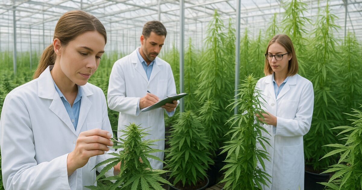 Forskere undersøker cannabisdyrking i et drivhus